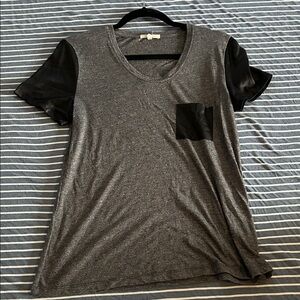Women's Heather Gray Tee with Black Faux-Leather Pocket & Sleeves